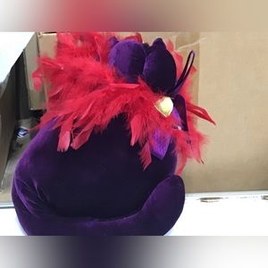 New 12 1/2” large purple cat with red feathers stuffed pillow